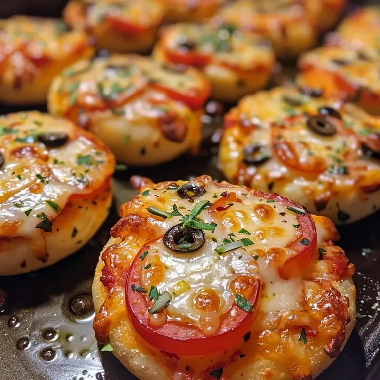 Close-up view of golden brown Mini Pizza Bites topped with cheese and assorted toppings.