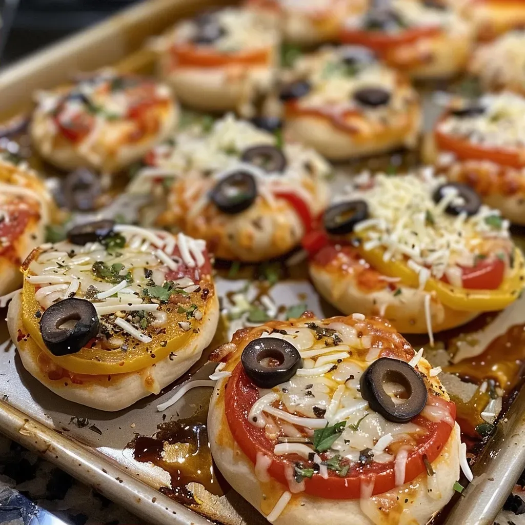 Side view of Mini Pizza Bites with melted mozzarella and colorful toppings on a wooden platter.