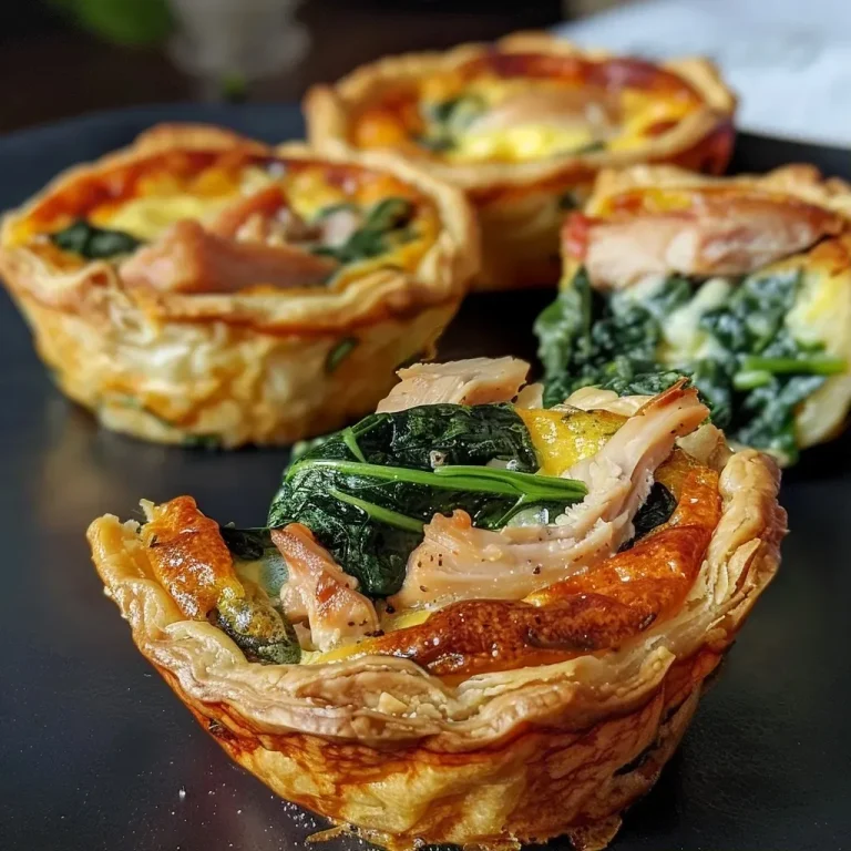 ['Close-up side view of mini quiches filled with spinach and smoked chicken.', 'Juicy mini quiches showcasing a spinach and smoked chicken filling.', 'Side view of a plate of mini quiches with vibrant green spinach and golden cheese.', 'Delicious mini quiches featuring fresh spinach and chunks of smoked chicken.']
