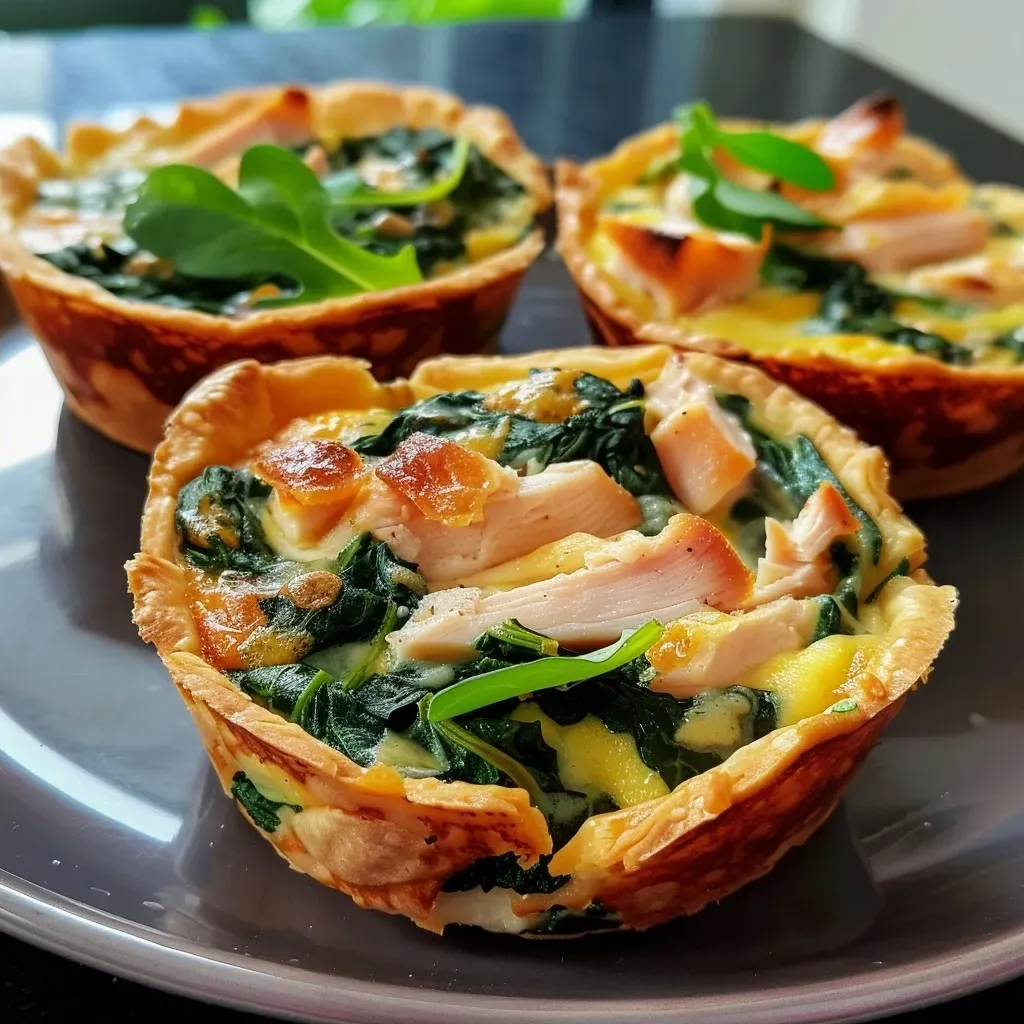 ['Close-up side view of mini quiches filled with spinach and smoked chicken.', 'Juicy mini quiches showcasing a spinach and smoked chicken filling.', 'Side view of a plate of mini quiches with vibrant green spinach and golden cheese.', 'Delicious mini quiches featuring fresh spinach and chunks of smoked chicken.']