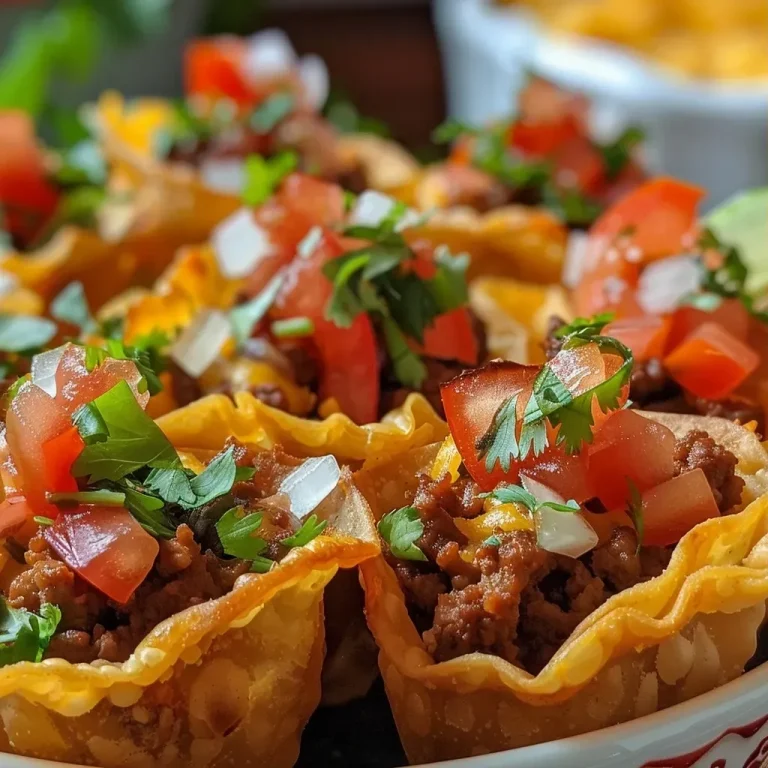 Deliciously Simple Mini Taco Cups for Effortless Entertaining Close-up of crispy Mini Taco Cups garnished with diced avocado and cilantro.