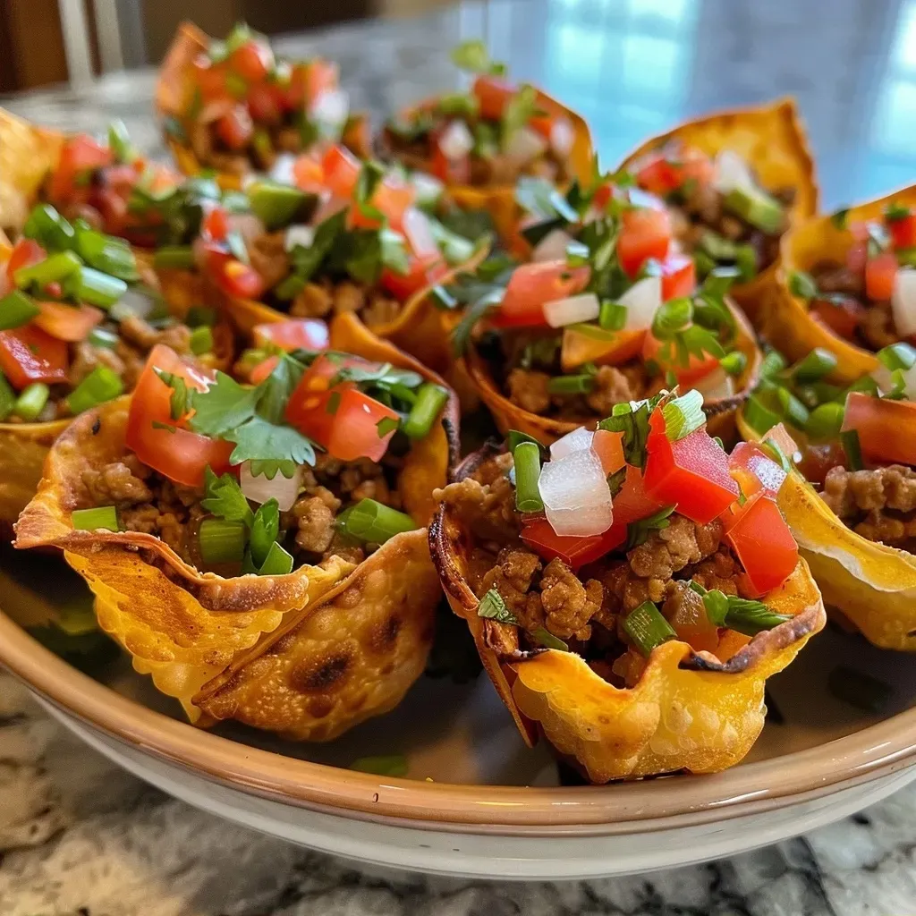 Side view of Mini Taco Cups filled with seasoned ground beef and topped with cheese.