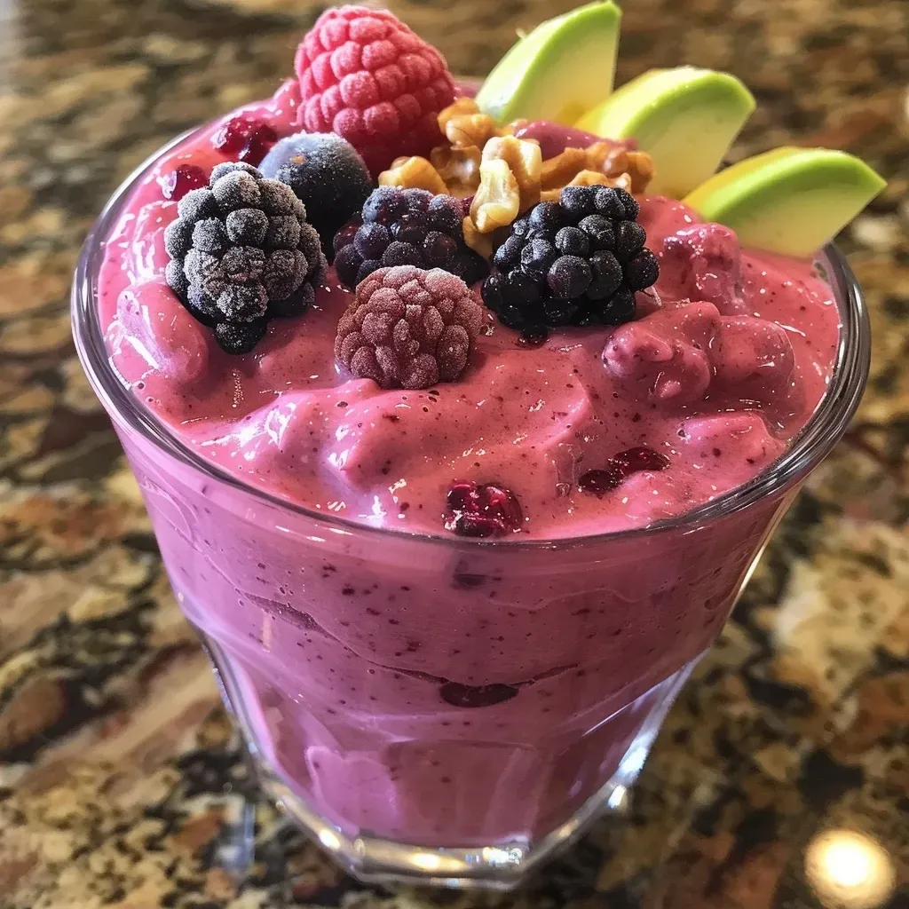 ['Close-up side view of a vibrant mixed berry breakfast smoothie in a glass.', 'Delicious mixed berry smoothie made with frozen berries and yogurt, shown from the side.', 'A refreshing mixed berry smoothie featuring layers of fruit and yogurt, captured in detail.', 'Side view of a creamy mixed berry smoothie garnished with walnuts and berries.']