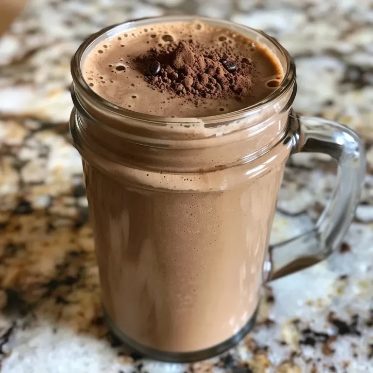 ['Close-up view of a rich mocha protein shake in a glass.', 'Side view of a creamy mocha protein shake topped with cocoa powder.', 'Mocha protein shake with a frothy texture and banana slices in a glass.', 'Delicious mocha protein shake made with espresso and milk.']