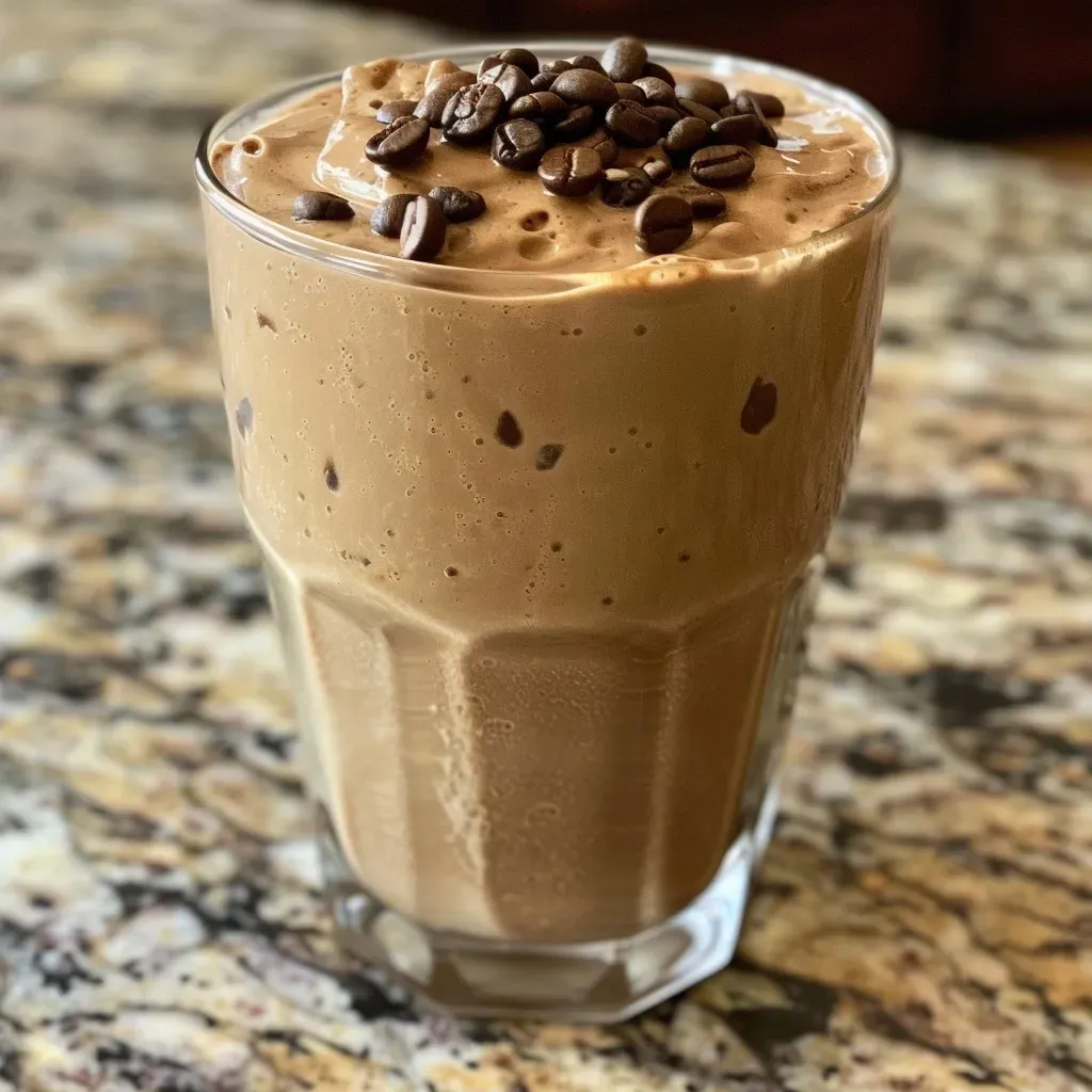 ['Close-up view of a rich mocha protein shake in a glass.', 'Side view of a creamy mocha protein shake topped with cocoa powder.', 'Mocha protein shake with a frothy texture and banana slices in a glass.', 'Delicious mocha protein shake made with espresso and milk.']