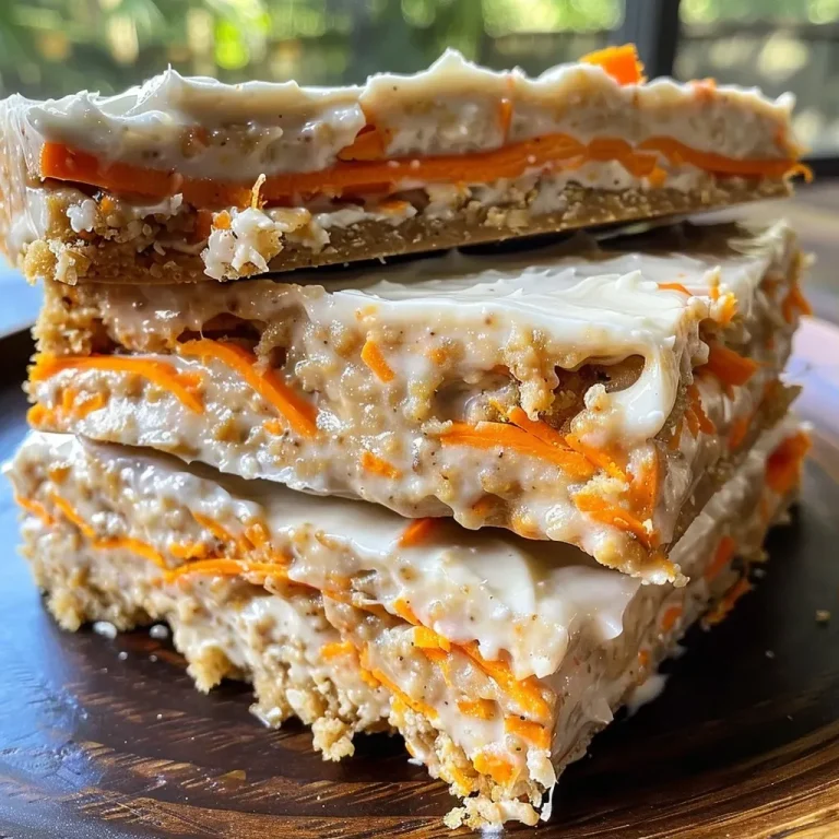 ['Close-up view of No-Bake Carrot Cake Collagen Protein Bars with visible shredded carrots and cream cheese frosting.', 'Side angle shot of layered No-Bake Carrot Cake Collagen Protein Bars showcasing texture and vibrant carrot color.', 'Delicious No-Bake Carrot Cake Protein Bars featuring a mix of spices, cream cheese, and shredded carrots in an appetizing arrangement.', 'Tasty No-Bake Carrot Cake Bars, highlighting ingredients like carrot, collagen powder, and a dusting of cinnamon.']