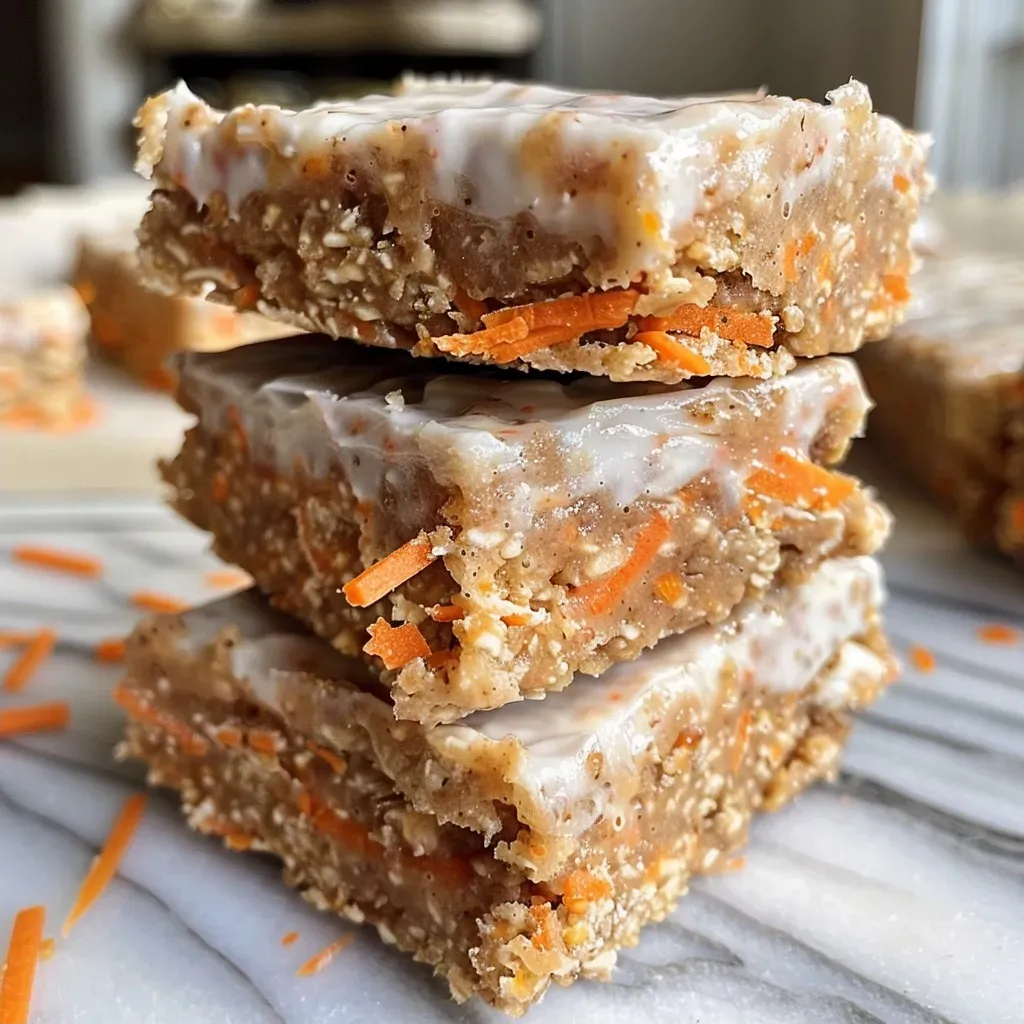 ['Close-up view of No-Bake Carrot Cake Collagen Protein Bars with visible shredded carrots and cream cheese frosting.', 'Side angle shot of layered No-Bake Carrot Cake Collagen Protein Bars showcasing texture and vibrant carrot color.', 'Delicious No-Bake Carrot Cake Protein Bars featuring a mix of spices, cream cheese, and shredded carrots in an appetizing arrangement.', 'Tasty No-Bake Carrot Cake Bars, highlighting ingredients like carrot, collagen powder, and a dusting of cinnamon.']