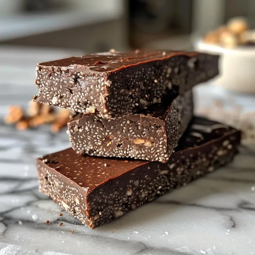 ['Close-up view of No-Bake Chocolate Chia Energy Bars with a textured surface showcasing chia seeds and dark chocolate.', 'Side view of a delicious No-Bake Chocolate Chia Energy Bar, highlighting the chocolate pieces and chia seeds.', 'Juicy No-Bake Chocolate Chia Energy Bars arranged on a surface, featuring a mix of dark chocolate and coconut flakes.', 'Detailed image of No-Bake Chocolate Chia Energy Bars emphasizing their rich chocolate color and chewy texture.']