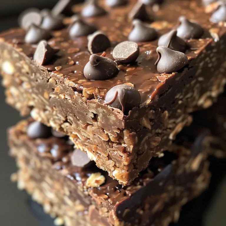 Close-up view of No Bake Chocolate Oat Bars with a glossy chocolate layer.