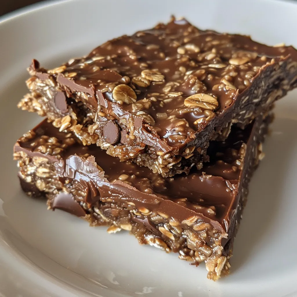 Side view of a stack of No Bake Chocolate Oat Bars featuring oats and chocolate.