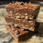 Close-up of decadent No Bake Chocolate Oatmeal Bars with a glossy chocolate topping.