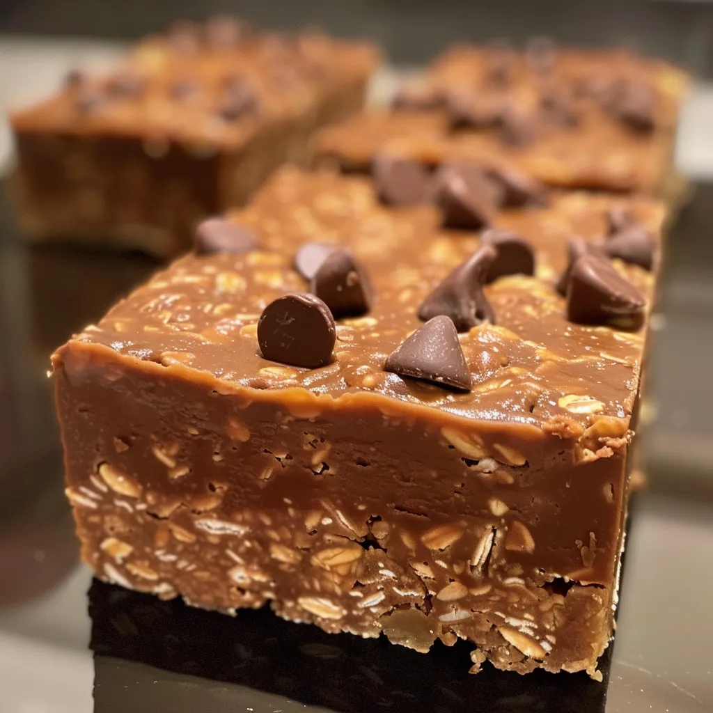 Side view of chocolate oatmeal bars showing layers of oats and melted chocolate.