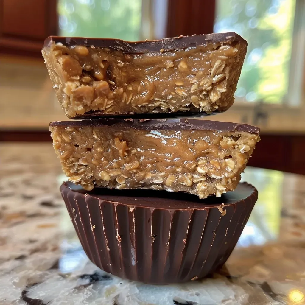 ['Close-up view of No Bake Peanut Butter Oat Cups with a shiny chocolate layer.', 'Side view of delicious No Bake Peanut Butter Oat Cups topped with sea salt.', 'Juicy No Bake Peanut Butter Oat Cups displayed on a wooden surface.', 'Tasty No Bake Peanut Butter Oat Cups with visible oats and chocolate chips.']