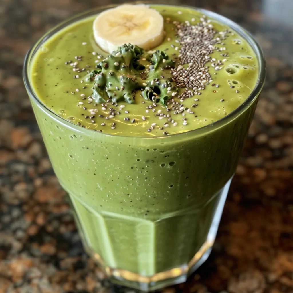 A nutritious smoothie made with spinach, banana, and almond milk, shown from the side.