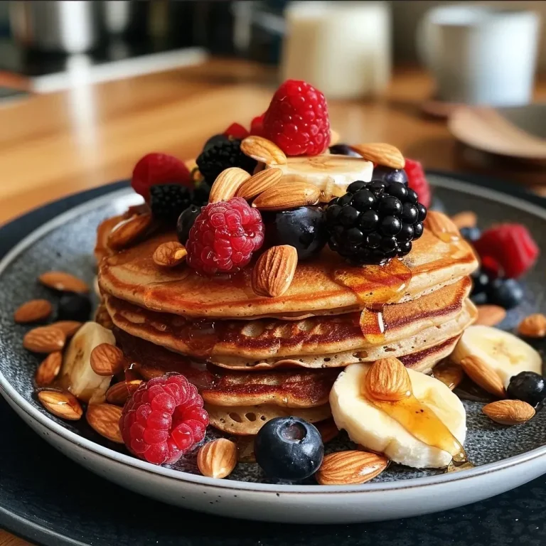 ['A close-up of fluffy oat, almond, and banana pancakes topped with a vibrant berry compote.', 'Delicious pancakes stacked high, drizzled with maple syrup and adorned with frozen berries.', 'A side view of warm, golden pancakes decorated with a colorful assortment of berries.', 'An appetizing look at oat and almond pancakes served with a rich berry sauce.']