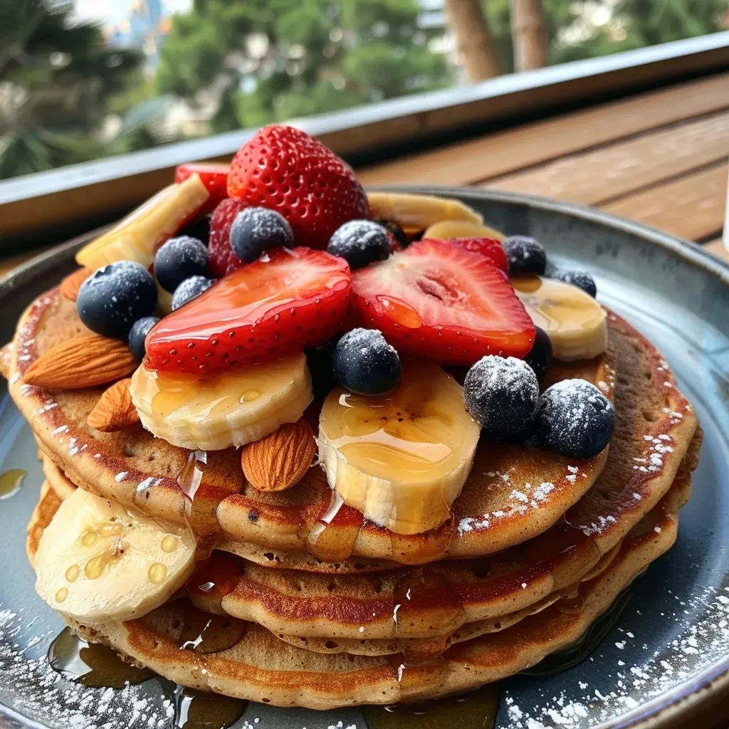 ['A close-up of fluffy oat, almond, and banana pancakes topped with a vibrant berry compote.', 'Delicious pancakes stacked high, drizzled with maple syrup and adorned with frozen berries.', 'A side view of warm, golden pancakes decorated with a colorful assortment of berries.', 'An appetizing look at oat and almond pancakes served with a rich berry sauce.']