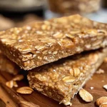 ['A close-up side view of oatmeal protein bars displaying a chewy texture.', 'A detailed shot of delicious oatmeal protein bars stacked on a wooden surface.', 'A side view of freshly made oatmeal protein bars, highlighting their ingredients.', 'An iPhone 15 Pro image showing oatmeal protein bars with a golden-brown exterior.']