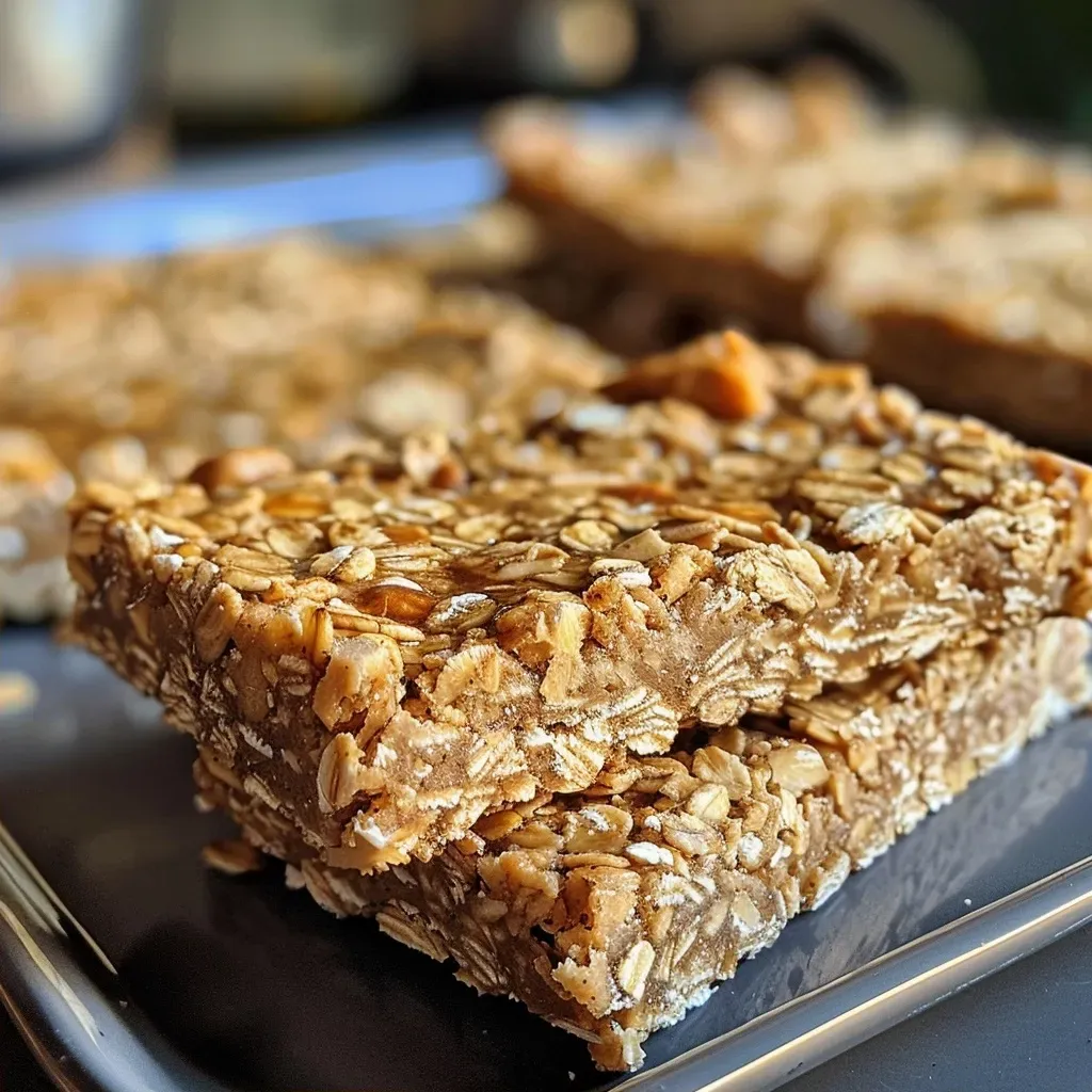 ['A close-up side view of oatmeal protein bars displaying a chewy texture.', 'A detailed shot of delicious oatmeal protein bars stacked on a wooden surface.', 'A side view of freshly made oatmeal protein bars, highlighting their ingredients.', 'An iPhone 15 Pro image showing oatmeal protein bars with a golden-brown exterior.']