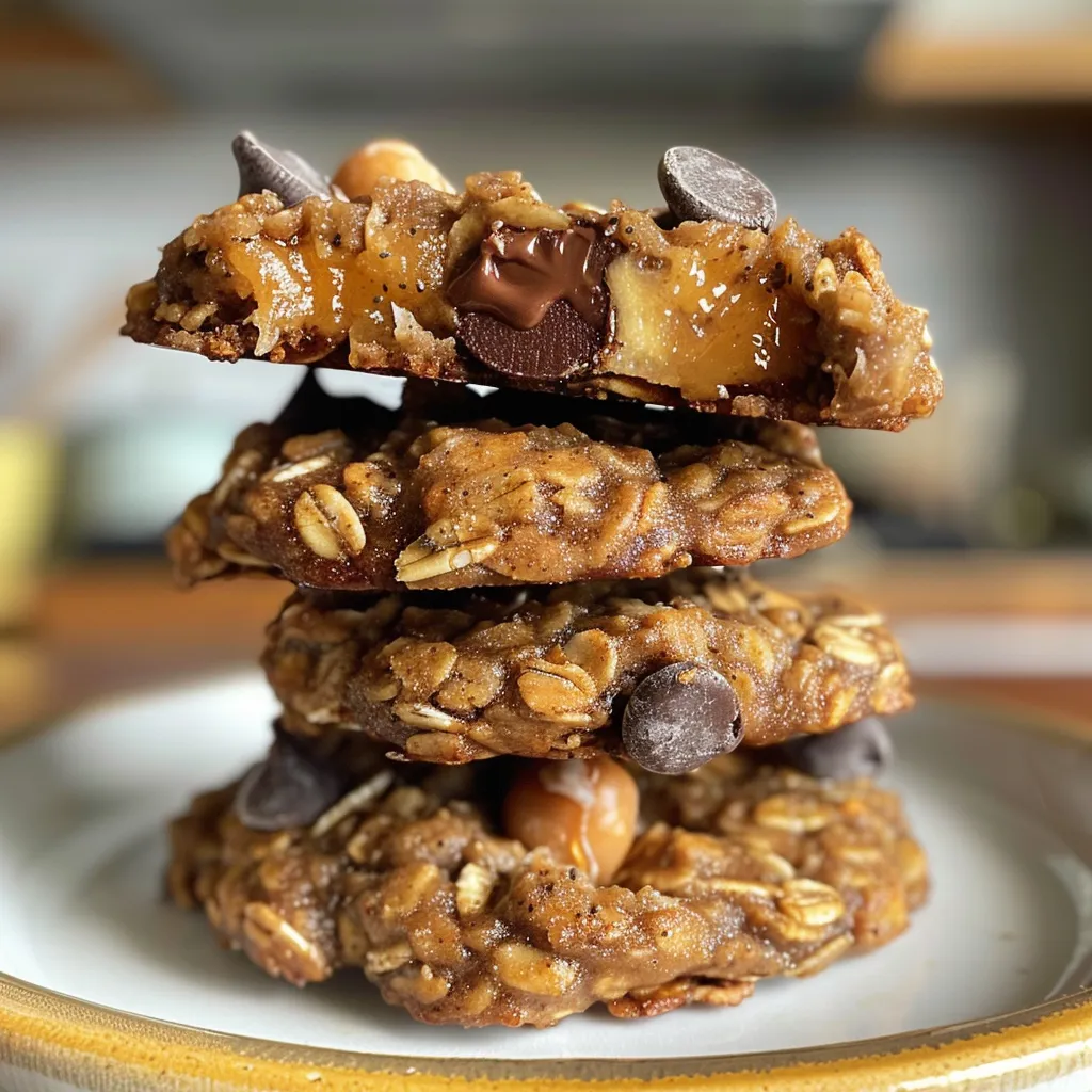 Side view of a stack of Oatmeal Protein Cookies on a wooden table.
