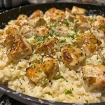['Close-up view of creamy chicken Alfredo rice with herbs.', 'Side view of a delicious one-pan chicken Alfredo rice meal.', 'Juicy chicken pieces mixed with creamy rice and garnished with parsley.', 'A rich, creamy chicken Alfredo dish served in a pan.']