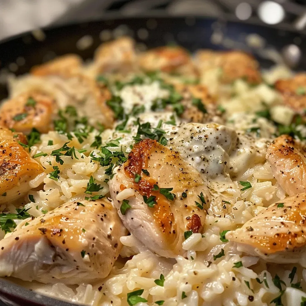 ['Close-up view of creamy chicken Alfredo rice with herbs.', 'Side view of a delicious one-pan chicken Alfredo rice meal.', 'Juicy chicken pieces mixed with creamy rice and garnished with parsley.', 'A rich, creamy chicken Alfredo dish served in a pan.']