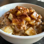 Close-up of a bowl of apple cinnamon oatmeal with visible apple chunks.