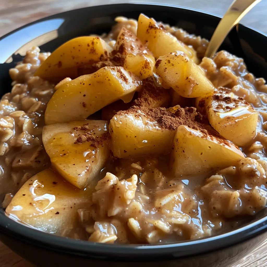 Side view of a creamy oatmeal dish topped with diced apples and a sprinkle of cinnamon.