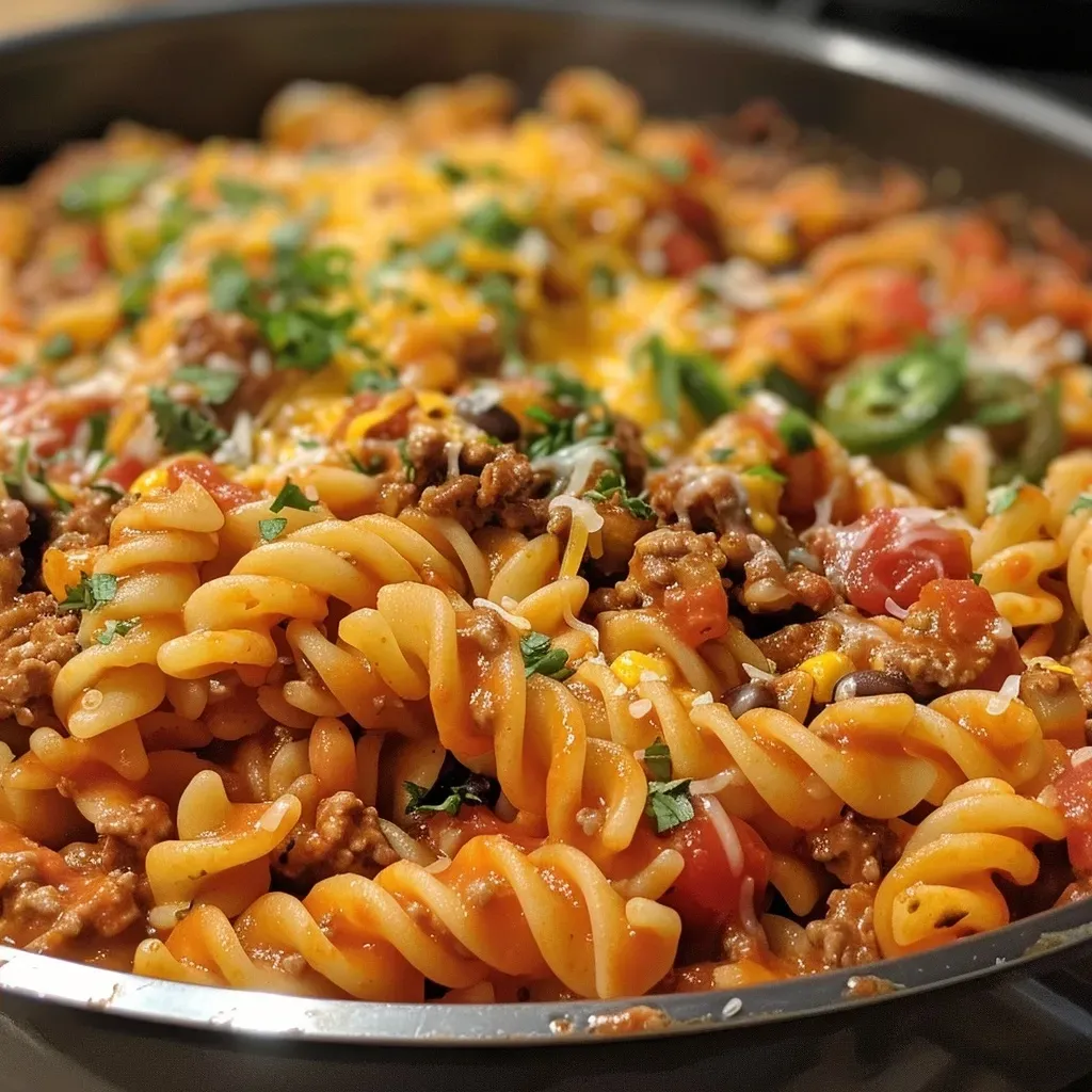 ['Close-up view of a bowl of One Pot Beef Taco Pasta with melted cheese on top.', 'Side perspective of a colorful One Pot Beef Taco Pasta dish featuring ground beef and vegetables.', 'Juicy One Pot Beef Taco Pasta in a bowl, showcasing its cheesy and flavorful ingredients.', 'Delicious One Pot Beef Taco Pasta with a rich tomato sauce and garnished with peppers and cheese.']