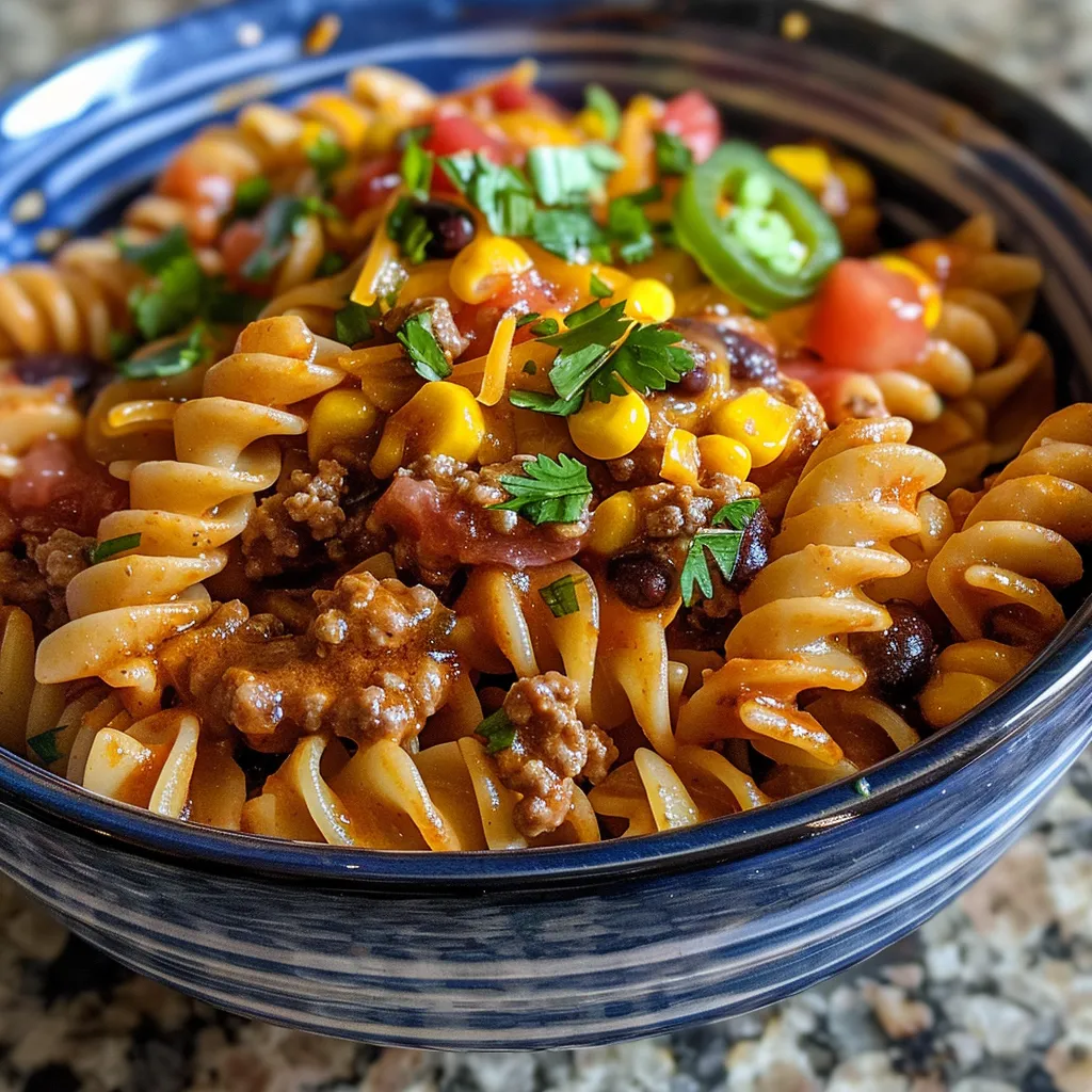 Side view of a hearty One Pot Beef Taco Pasta, showcasing ground beef and pasta.