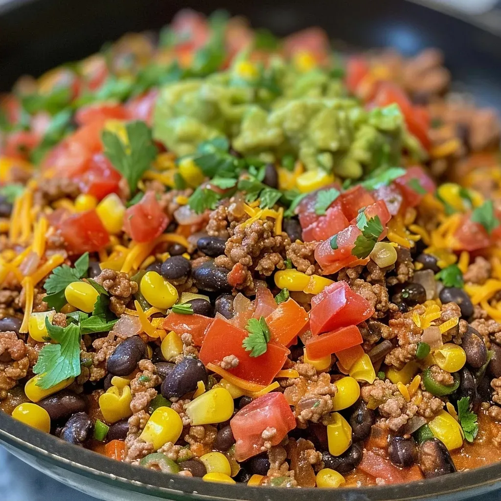A close-up view of a skillet filled with colorful ingredients for a One-Skillet Taco Dinner.