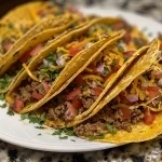 Close-up side view of juicy oven baked beef tacos with melted cheese.