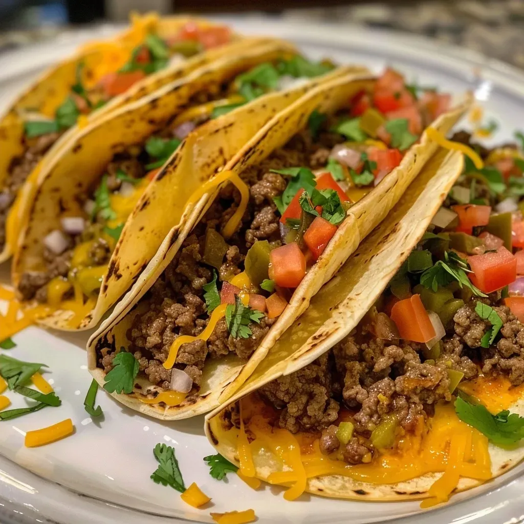 Detailed shot of oven baked beef tacos topped with cheese and salsa.
