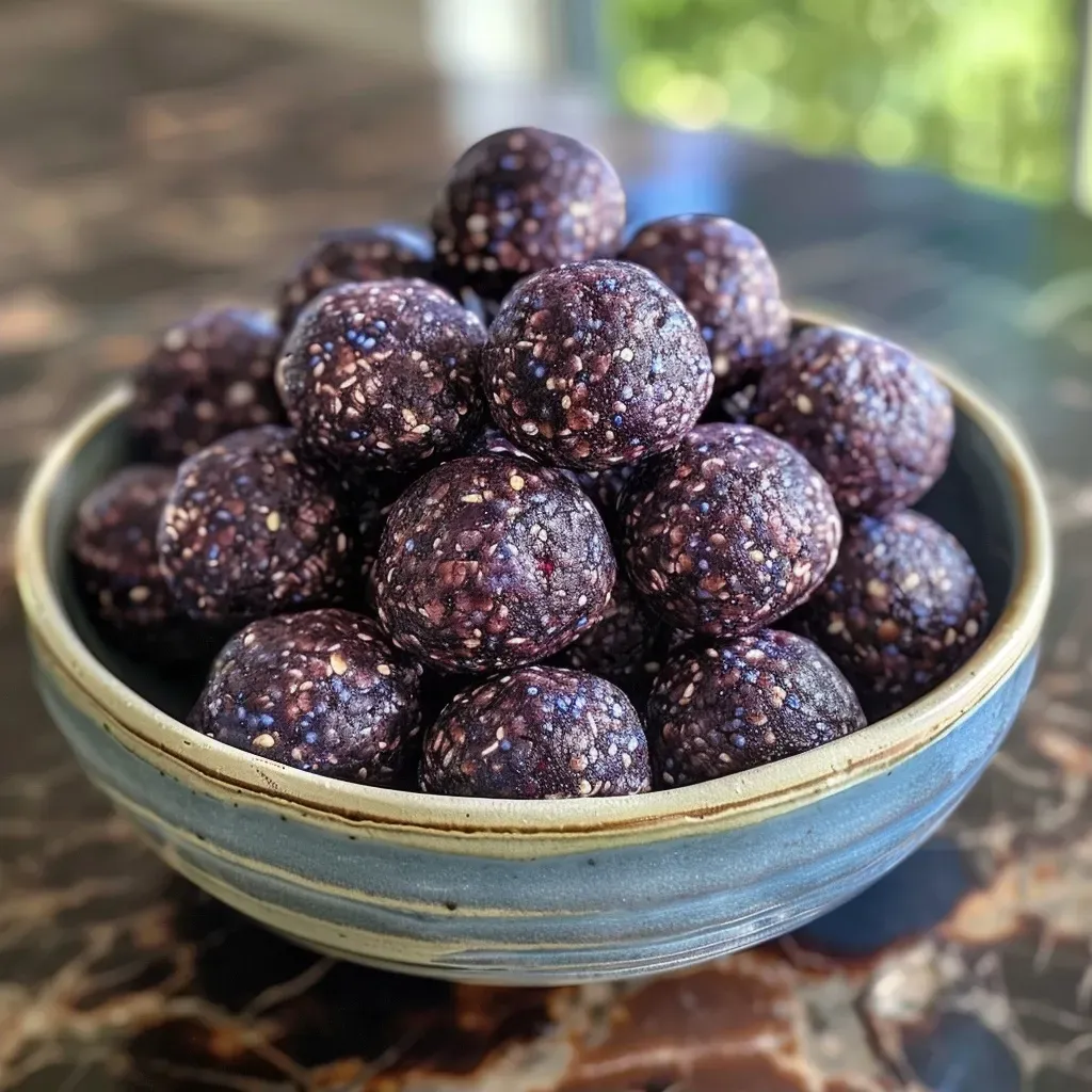 ['Close-up view of Paleo Blueberry Bliss Balls on a textured surface, showcasing their round shape and rich color.', 'Side view of juicy Paleo Blueberry Bliss Balls with a shiny exterior, highlighting the vibrant blueberry hue.', 'A cluster of Paleo Blueberry Bliss Balls, depicting their raw texture and inviting appearance.', 'Detailed shot of Paleo Blueberry Bliss Balls, emphasizing their moist surface and berry-infused color.']