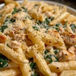 Close-up of creamy Parmesan Chicken Spinach Pasta with juicy chicken strips.
