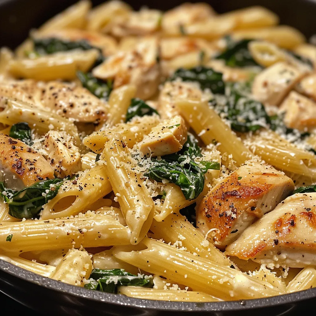 Side view of a bowl of penne pasta topped with spinach and Parmesan cheese.