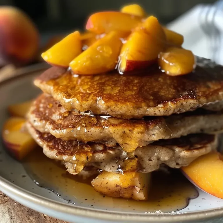 ['A close-up side view of a stack of peach oat pancakes with diced peaches on top.', 'Fluffy, golden-brown pancakes made with oats, garnished with fresh peach slices.', 'A mouthwatering display of gluten-free peach oat pancakes drizzled with honey.', 'A delicious serving of healthy peach oat pancakes showcasing their inviting texture and peach toppings.']