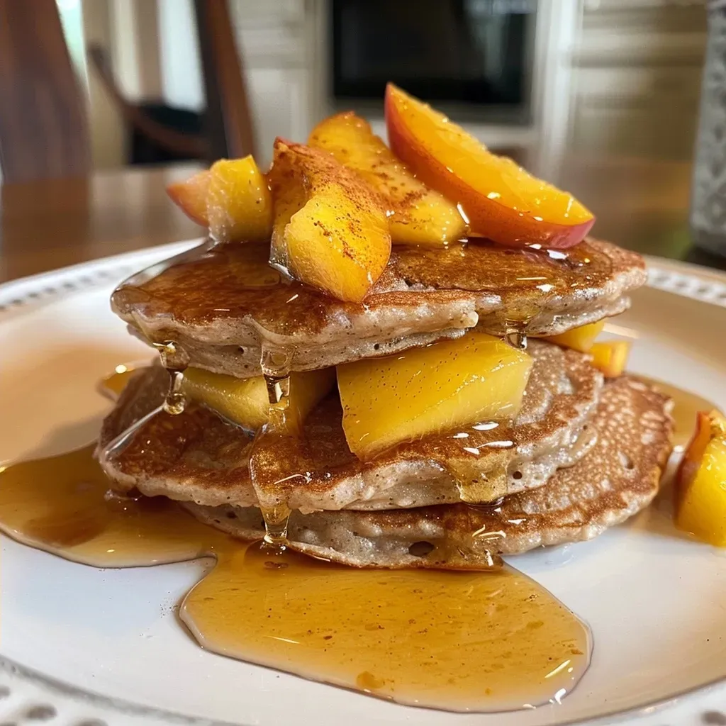 ['A close-up side view of a stack of peach oat pancakes with diced peaches on top.', 'Fluffy, golden-brown pancakes made with oats, garnished with fresh peach slices.', 'A mouthwatering display of gluten-free peach oat pancakes drizzled with honey.', 'A delicious serving of healthy peach oat pancakes showcasing their inviting texture and peach toppings.']