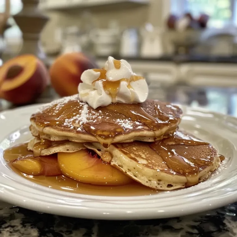 ['Close-up of fluffy peach pancakes topped with whipped cream and fresh peach slices.', 'Side view of golden-brown peach pancakes, drizzled with maple syrup and garnished with whipped cream.', 'Juicy peach pancakes displayed with a side of syrup and small diced peaches on top.', 'Close-up of delicious peach-filled pancakes, creamy whipped topping, and fresh peach decoration.']