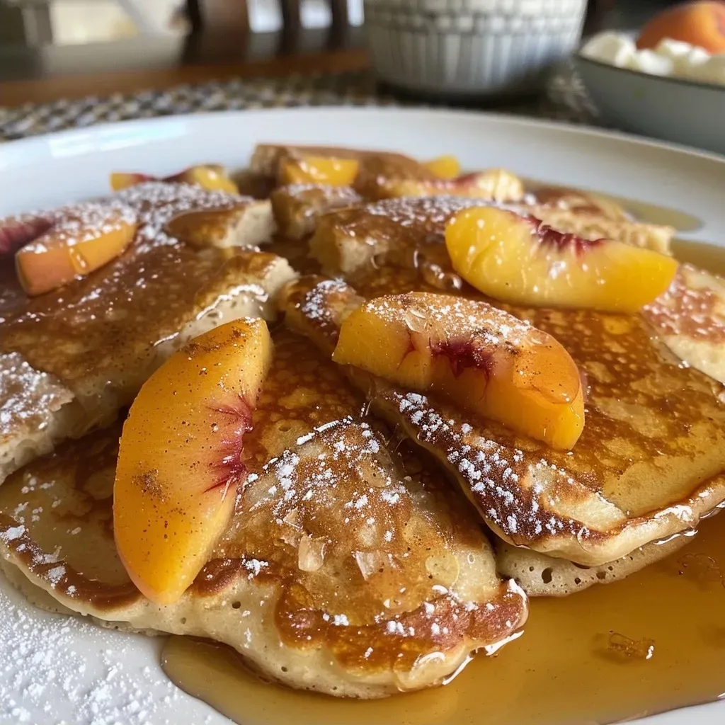 ['Close-up of fluffy peach pancakes topped with whipped cream and fresh peach slices.', 'Side view of golden-brown peach pancakes, drizzled with maple syrup and garnished with whipped cream.', 'Juicy peach pancakes displayed with a side of syrup and small diced peaches on top.', 'Close-up of delicious peach-filled pancakes, creamy whipped topping, and fresh peach decoration.']