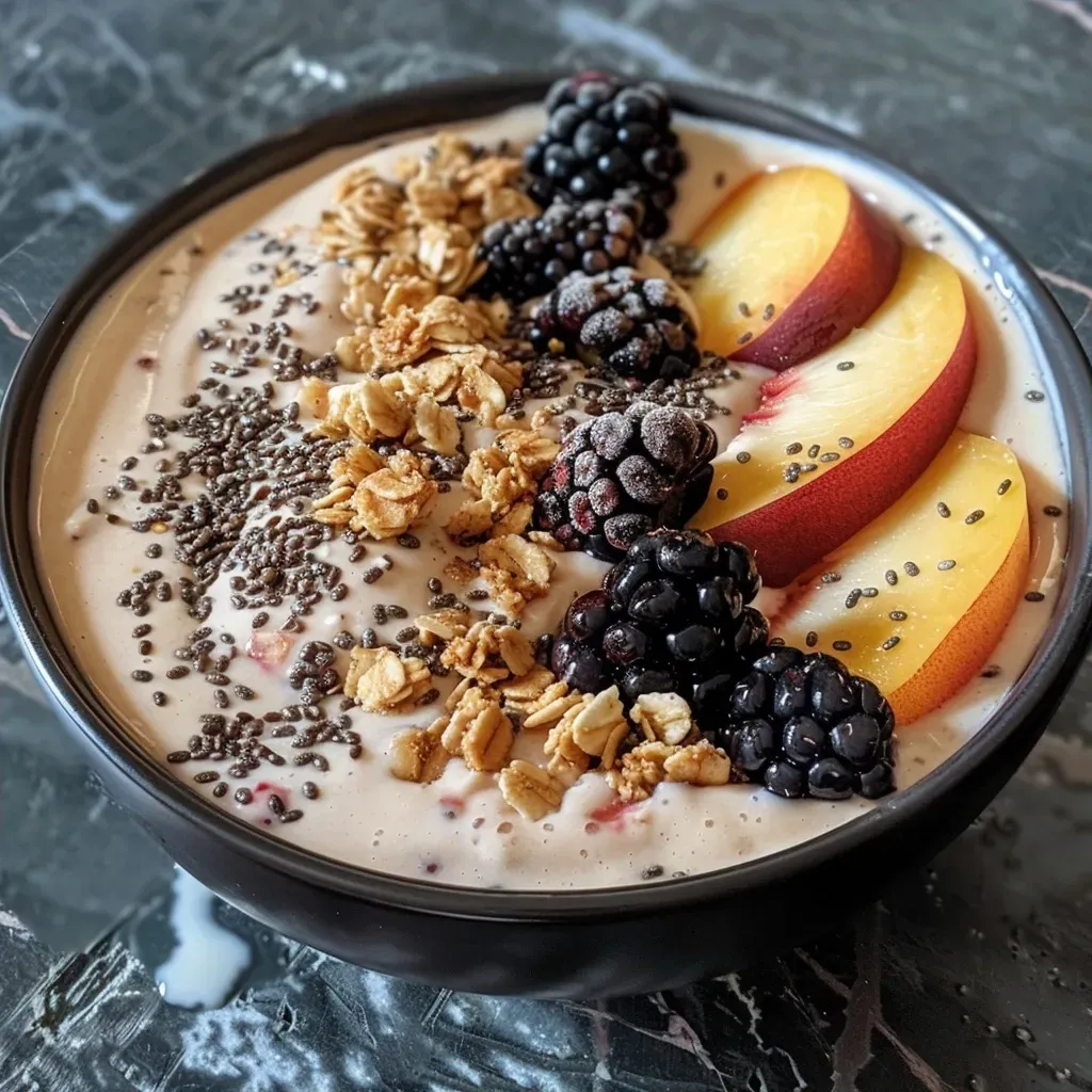 ['A close-up view of a peach smoothie bowl topped with fresh peaches, blackberries, and granola.', 'A side view of a vibrant peach smoothie bowl garnished with banana slices and chia seeds.', 'A colorful bowl of peach smoothie, showcasing layers of fruit and topped with crunchy granola.', 'A detailed shot of a smoothie bowl made from frozen peaches, with assorted fruit toppings.']