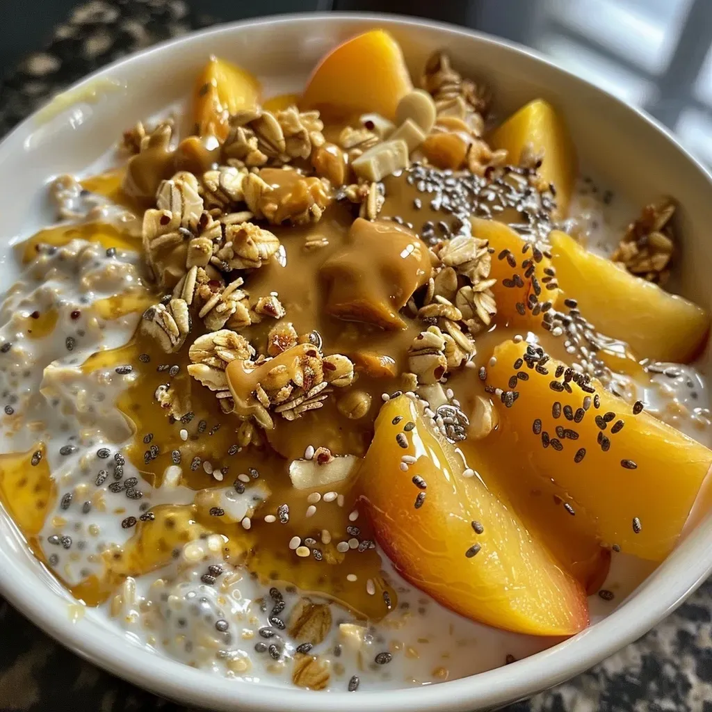 ['Close-up view of a jar of Peaches and Cream Overnight Oats with fresh peach slices on top.', 'Side view of creamy overnight oats topped with chopped peaches and granola in a glass jar.', 'A delicious serving of Peaches and Cream Overnight Oats featuring peach chunks and almond butter.', 'Creamy yogurt-based overnight oats with peaches and a sprinkle of granola, captured in detail.']