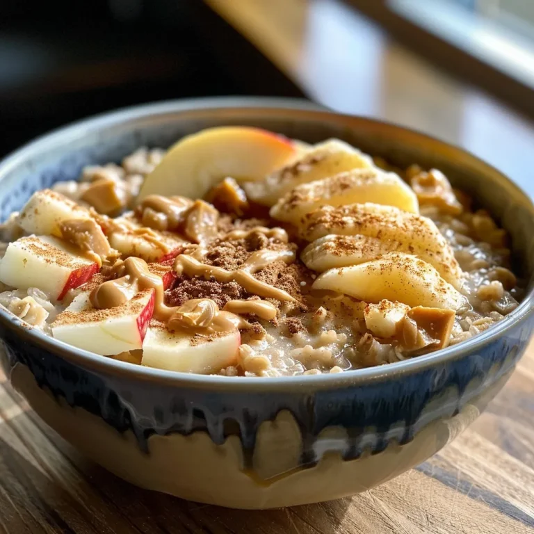 Close-up photo of peanut butter apple oatmeal in a bowl, showcasing its creamy texture and apple pieces.