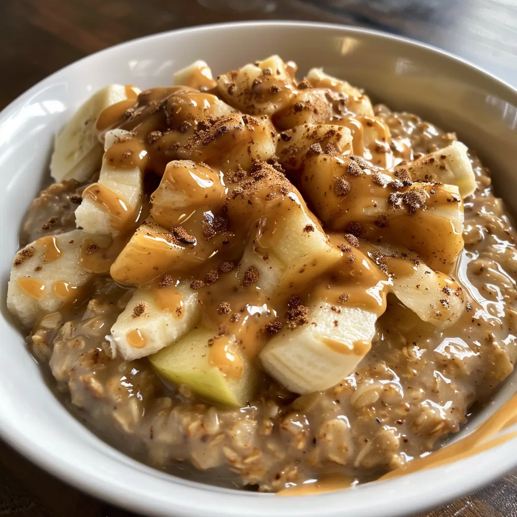 Side view of a hearty bowl of oatmeal topped with peanut butter and diced apples, with a slightly blurred background.