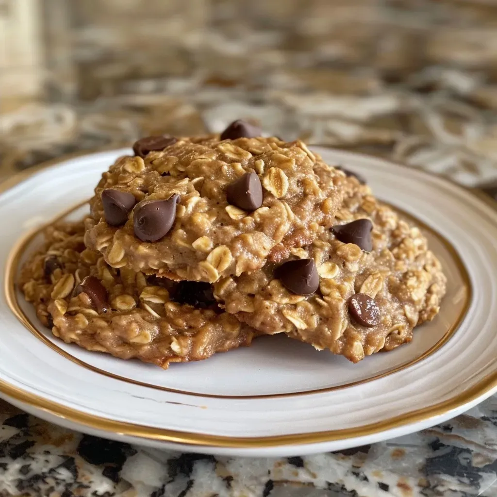['Close-up of Peanut Butter Banana Oatmeal Cookies displaying a golden-brown texture.', 'Side view of chewy oatmeal cookies with visible chocolate chips and oats.', 'Deliciously baked banana oatmeal cookies featuring a rich peanut butter color.', 'Freshly made oatmeal cookies with a mix of peanut butter and banana.']