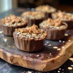 ['Close-up view of peanut butter chocolate oat cups with a melty chocolate top.', 'Side view of decadent oat cups filled with smooth peanut butter and dark chocolate.', 'Delicious peanut butter chocolate oat cups showcasing a drizzle of melted chocolate.', 'Tasty oat cups with a rich chocolate layer and a creamy peanut butter filling.']