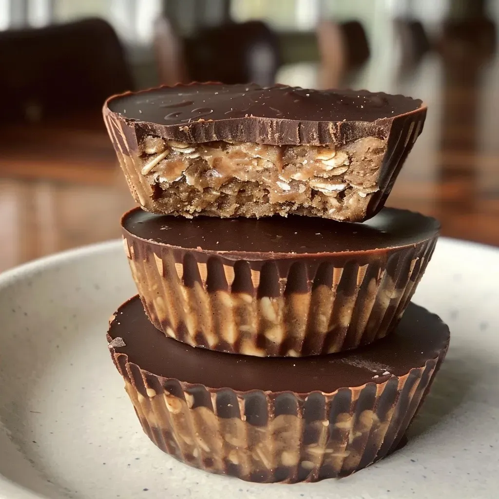 ['Close-up view of peanut butter chocolate oat cups with a melty chocolate top.', 'Side view of decadent oat cups filled with smooth peanut butter and dark chocolate.', 'Delicious peanut butter chocolate oat cups showcasing a drizzle of melted chocolate.', 'Tasty oat cups with a rich chocolate layer and a creamy peanut butter filling.']