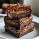 ['Close-up view of a rich, fudgy peanut butter cup brownie with peanut butter drizzle.', 'Side view showcasing a decadent brownie topped with peanut butter cups and melted chocolate.', 'Juicy, dark chocolate brownie with a glossy peanut butter layer and chocolate chips.', 'Deliciously thick brownie with chunks of peanut butter cups and a drizzle of peanut butter.']
