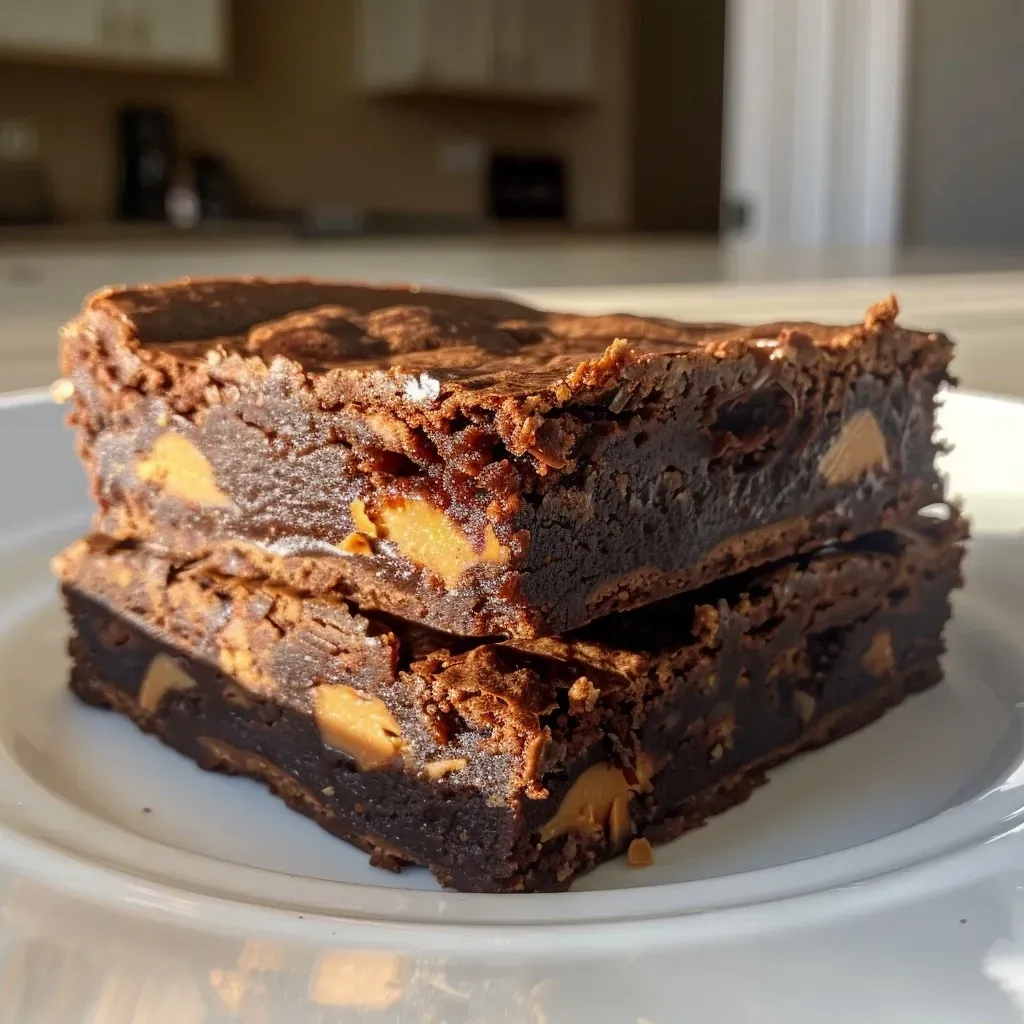 Close-up view of a rich, fudgy peanut butter cup brownie with peanut butter drizzle.
