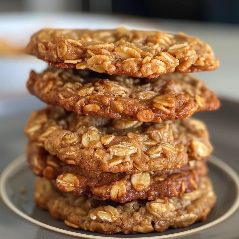 A close-up side view of golden-brown peanut butter oatmeal cookies stacked on a plate.