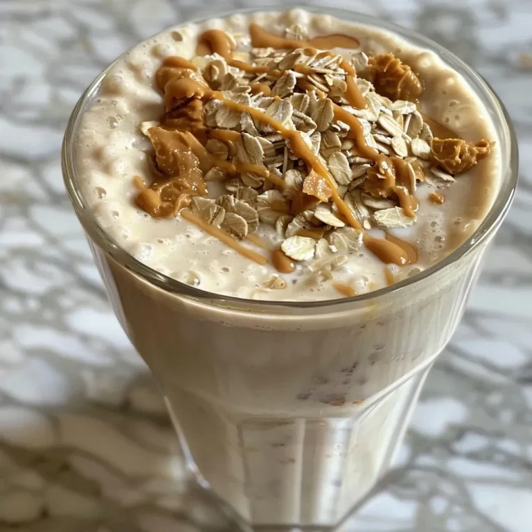 Nourishing Peanut Butter Oatmeal Smoothie for Everyday Bliss Close-up view of a creamy peanut butter oatmeal smoothie in a glass.